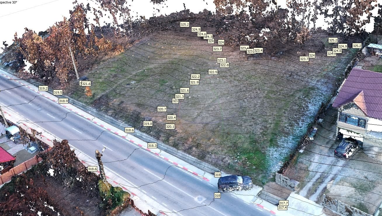 Model 3D, ortofotoplan, ridicare topografică și curbe de nivel — imagine 3
