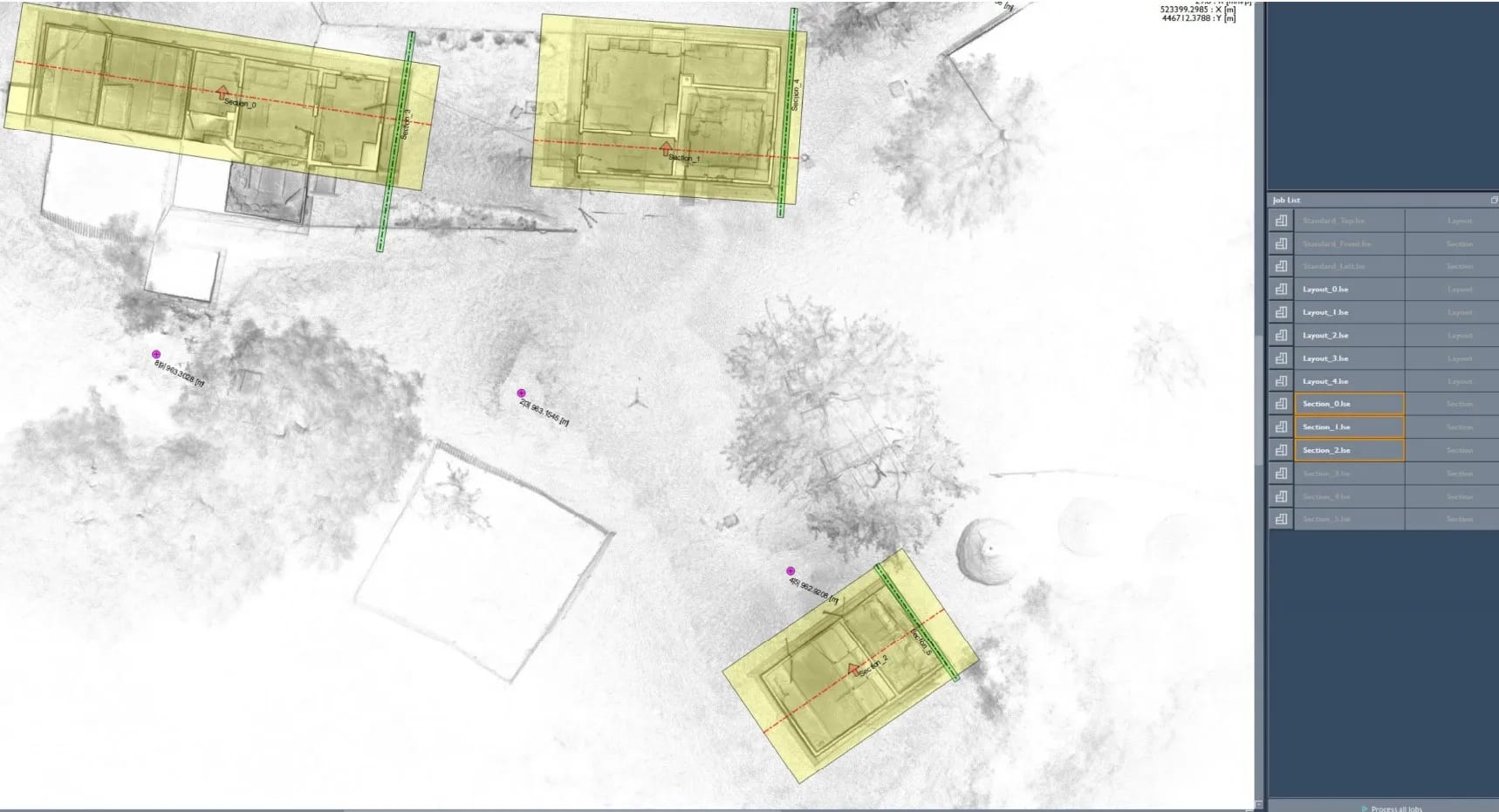 Ridicare topografică 3D cu poziționarea copacilor, scanare 3D clădiri și ortofotoplan — zonă montană — imagine 4