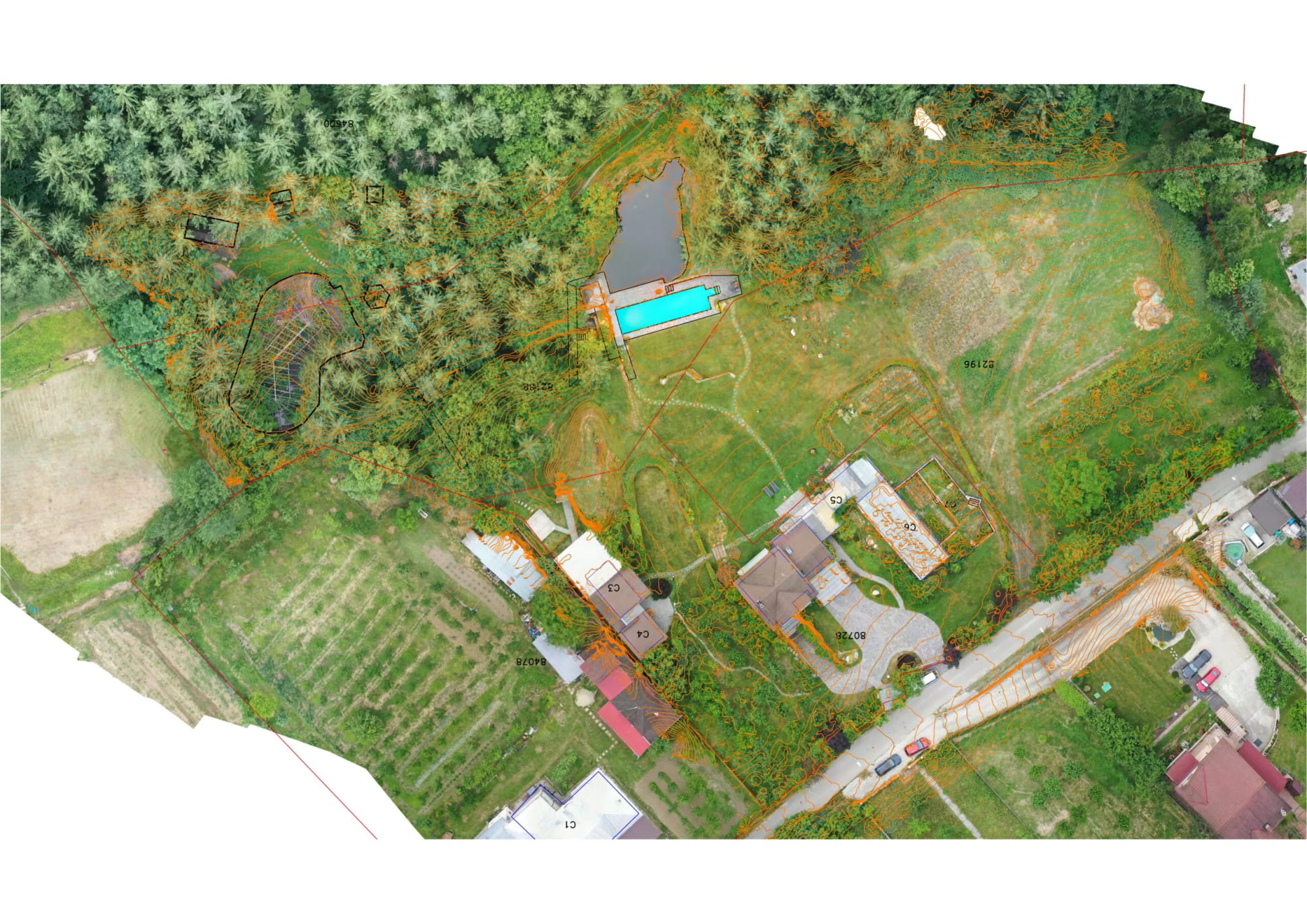 Ridicare topografică 3D, scanare 3D, mesh, curbe de nivel și ortofotoplan — zonă rezidențială